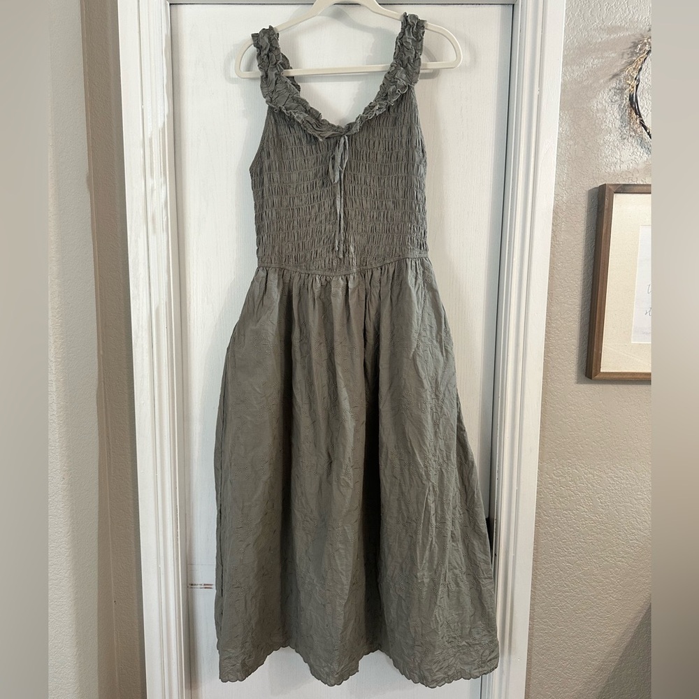 Women's Olive Midi Sundress with Smocked Bodice